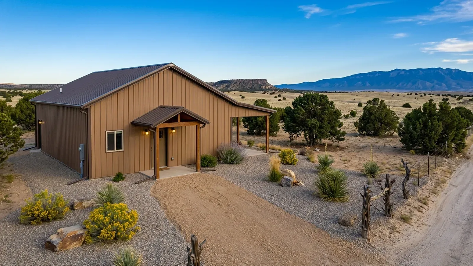 A compact 30x40 barndominium sized like a starter home or cabin, with a covered entry porch, no large shop bay, and piñon and juniper around it.
