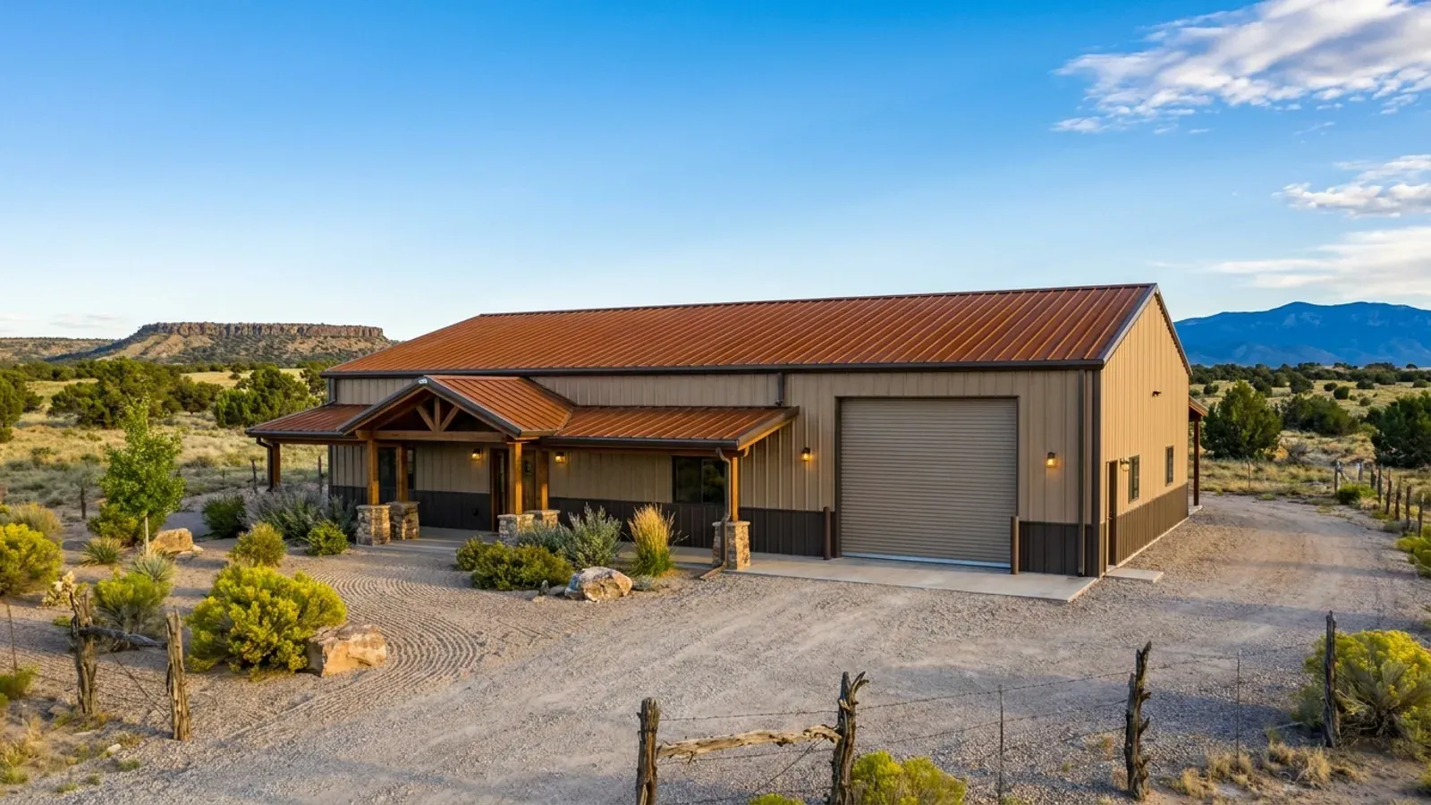 A completed 40x60 barndominium in earth-toned metal showing a residential entry on one end and a wide shop door on the other under one continuous roof.