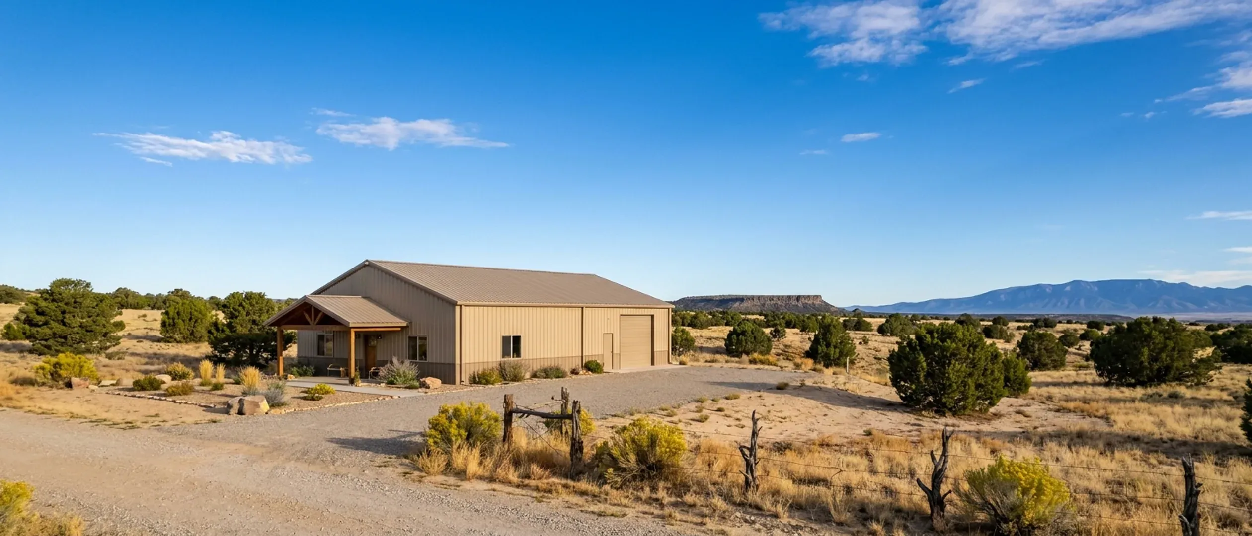 A completed barndominium with a covered entry porch and an attached shop bay in open high desert under a wide morning sky.