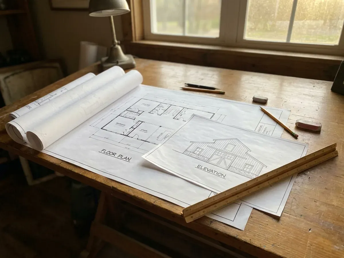 Barndominium floor plan and elevation drawings laid out on a drafting table with a scale rule.