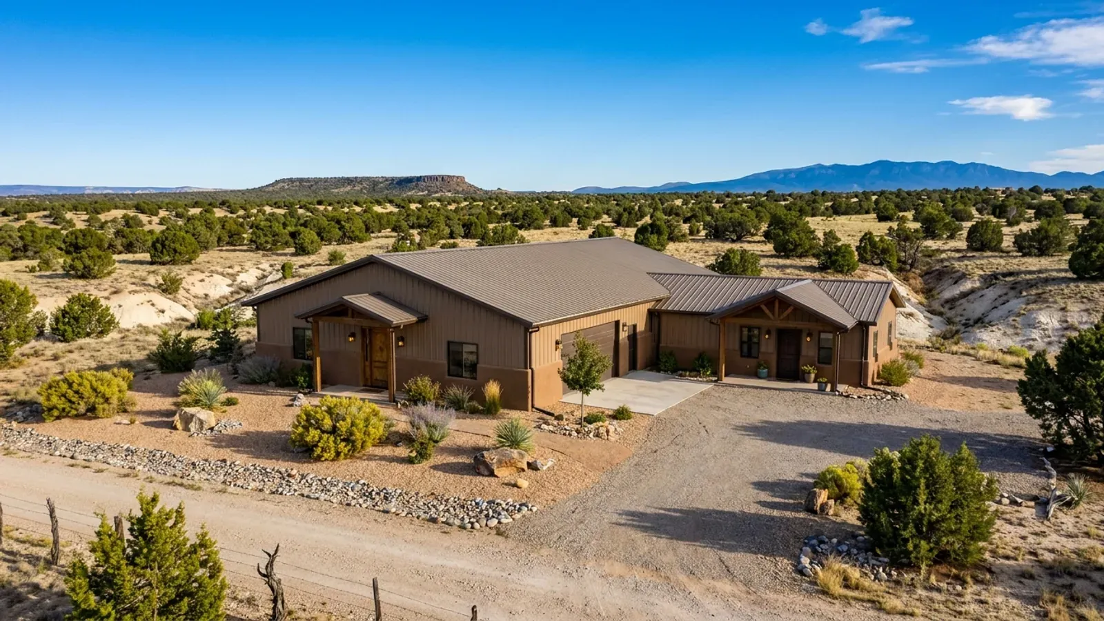 A barndominium with a smaller attached in-law suite wing that has its own separate covered entry, distinct from the main entry.