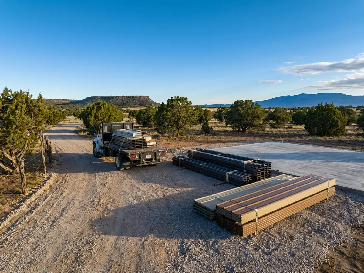 A flatbed truck delivering banded steel frame members and stacked metal panels to a high desert building site beside a finished concrete slab.