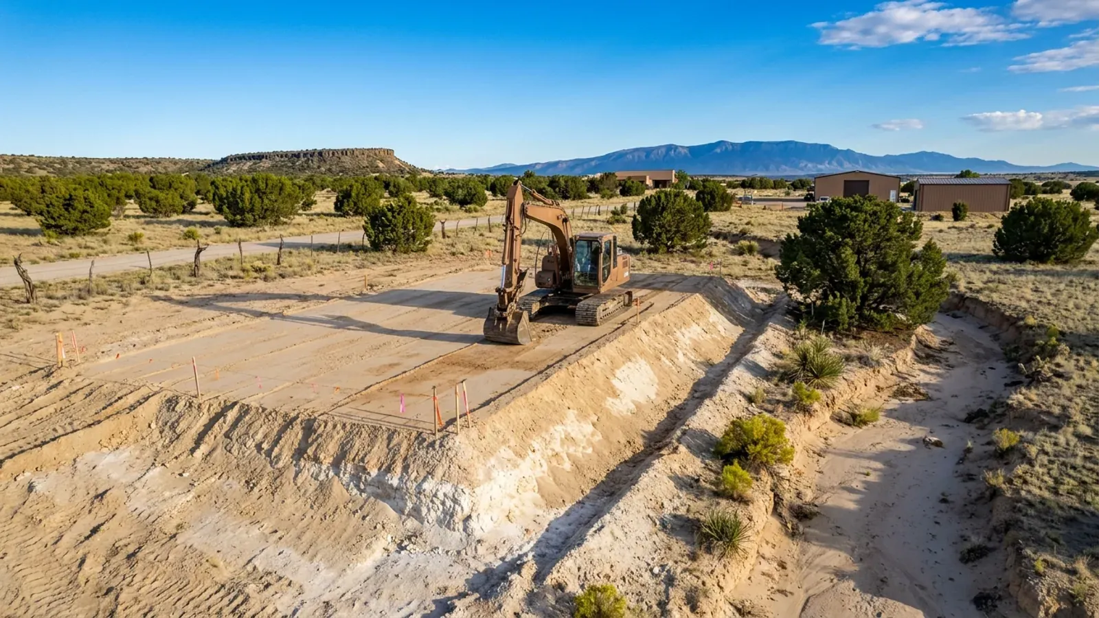 An excavator grading a building pad on a high desert lot, with white caliche exposed in the cut, survey stakes and a drainage swale.