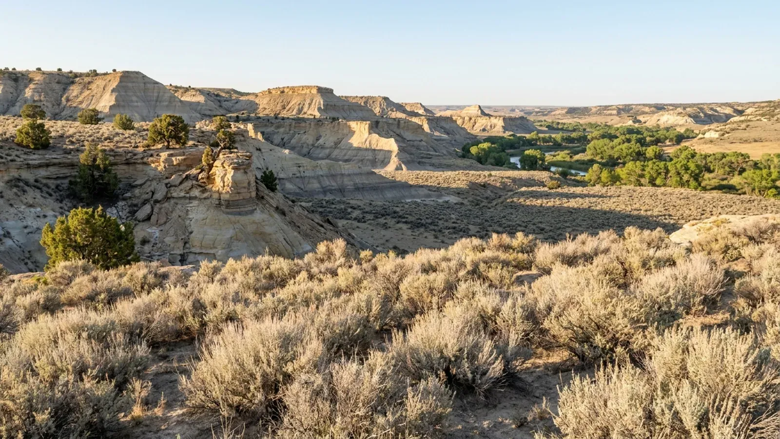 Sagebrush flats below layered sandstone mesas and badland slopes in north-west New Mexico, with cottonwoods along a river valley beyond.