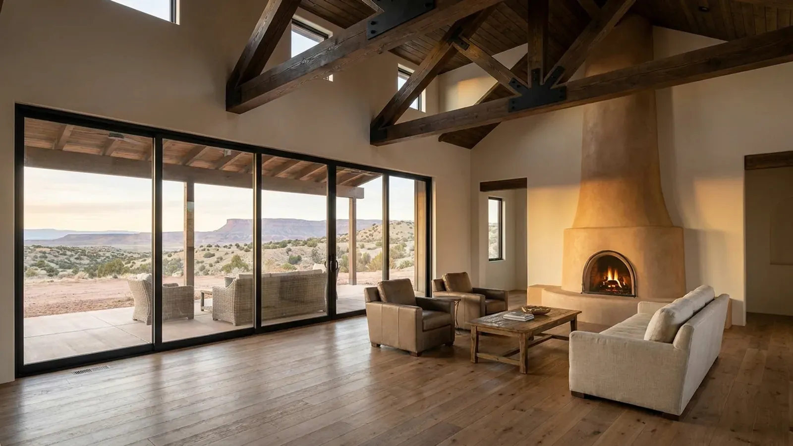 A vaulted barndominium great room with exposed wood trusses, a wall of glazed sliding doors to a desert view, and a plastered corner fireplace.