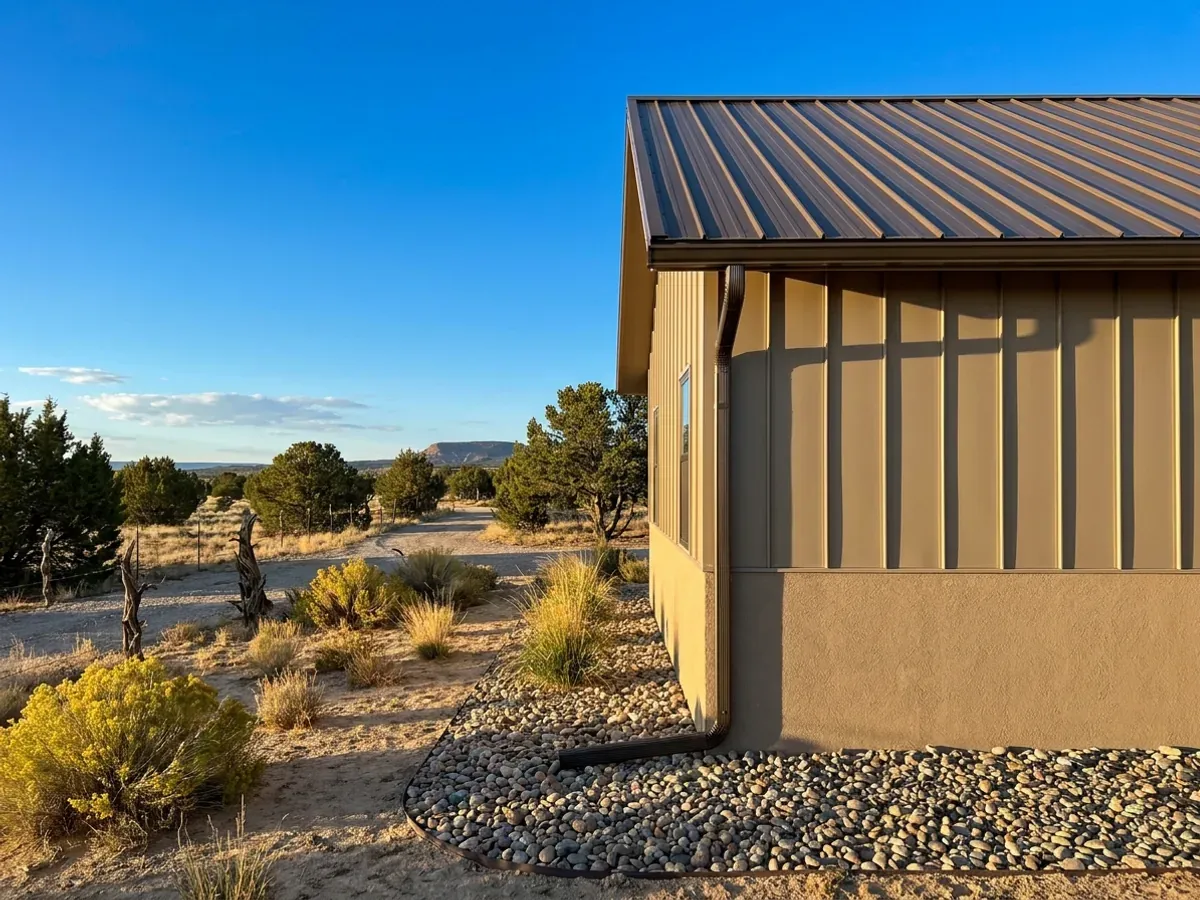 Exterior detail of a metal-clad home showing a standing seam roof, vertical tan wall panels over a stucco base, and a downspout above a gravel bed.