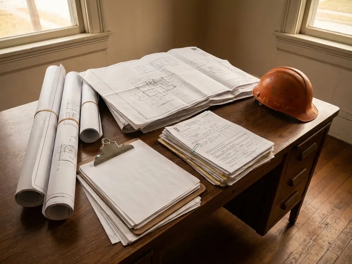 A building permit submittal package on a desk with rolled construction drawings, forms on a clipboard, and a hard hat.