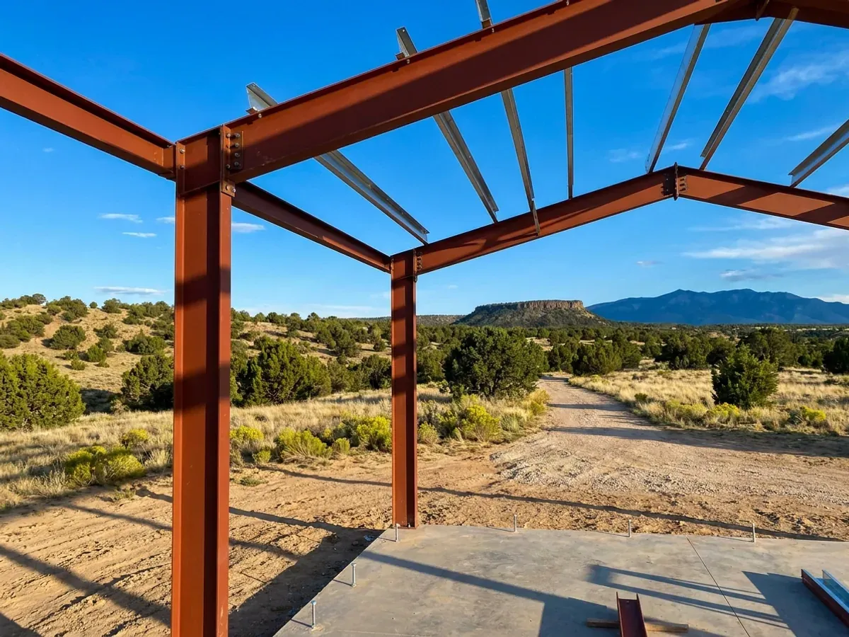A red oxide primed structural steel frame partly erected in open high desert, with bolted knee joints and purlins going on.