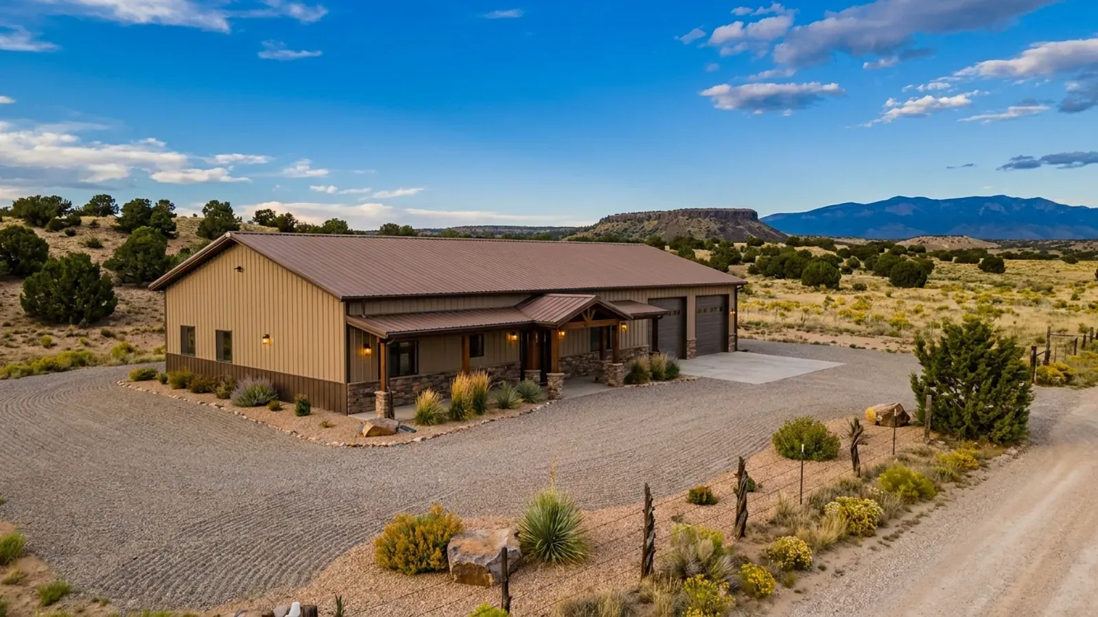 A completed single-story barndominium with a long, low roofline and no upper-level windows on an open high desert lot.
