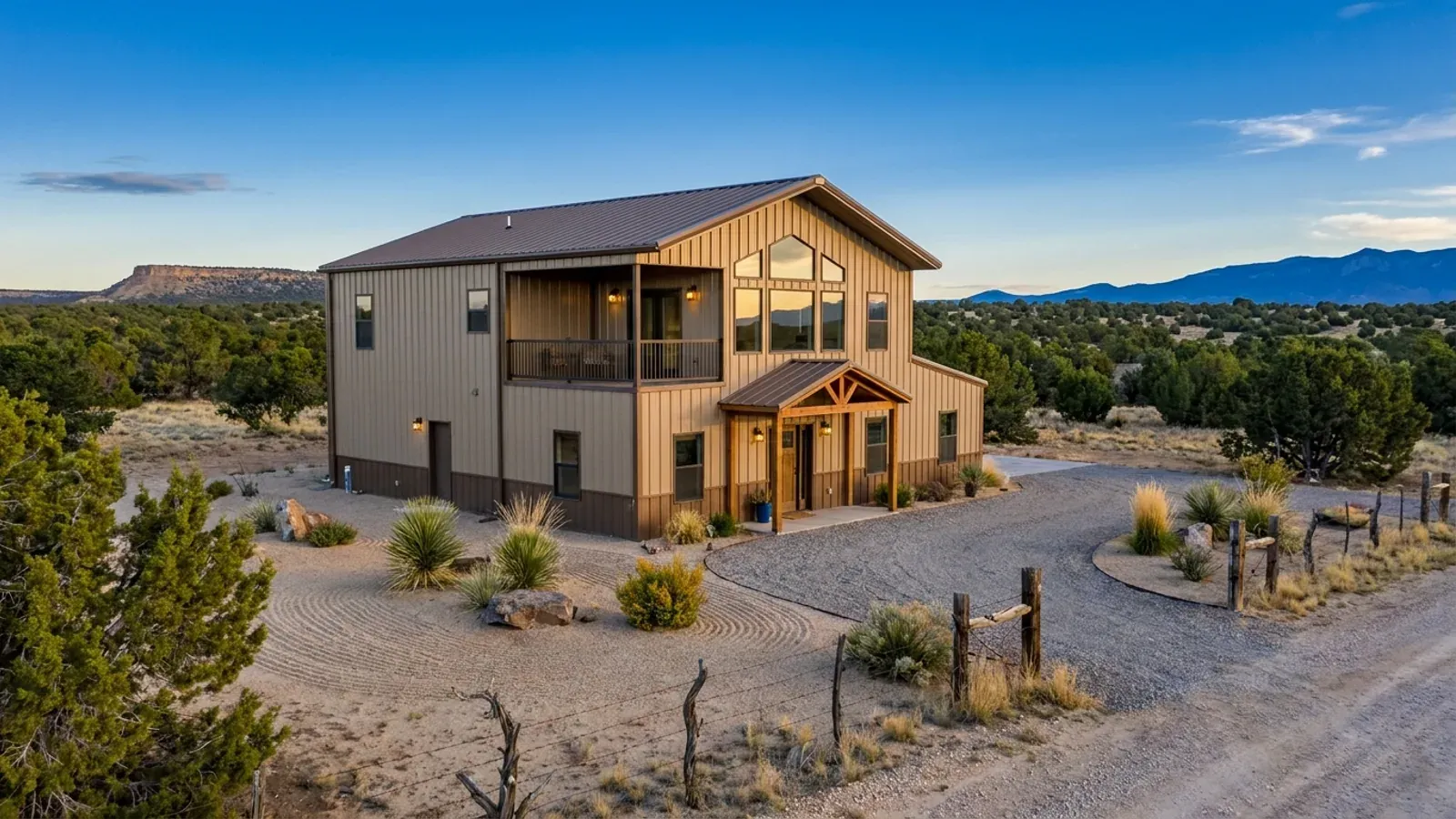 A completed two-story barndominium with visible second-story windows and a small covered balcony above the entry porch.